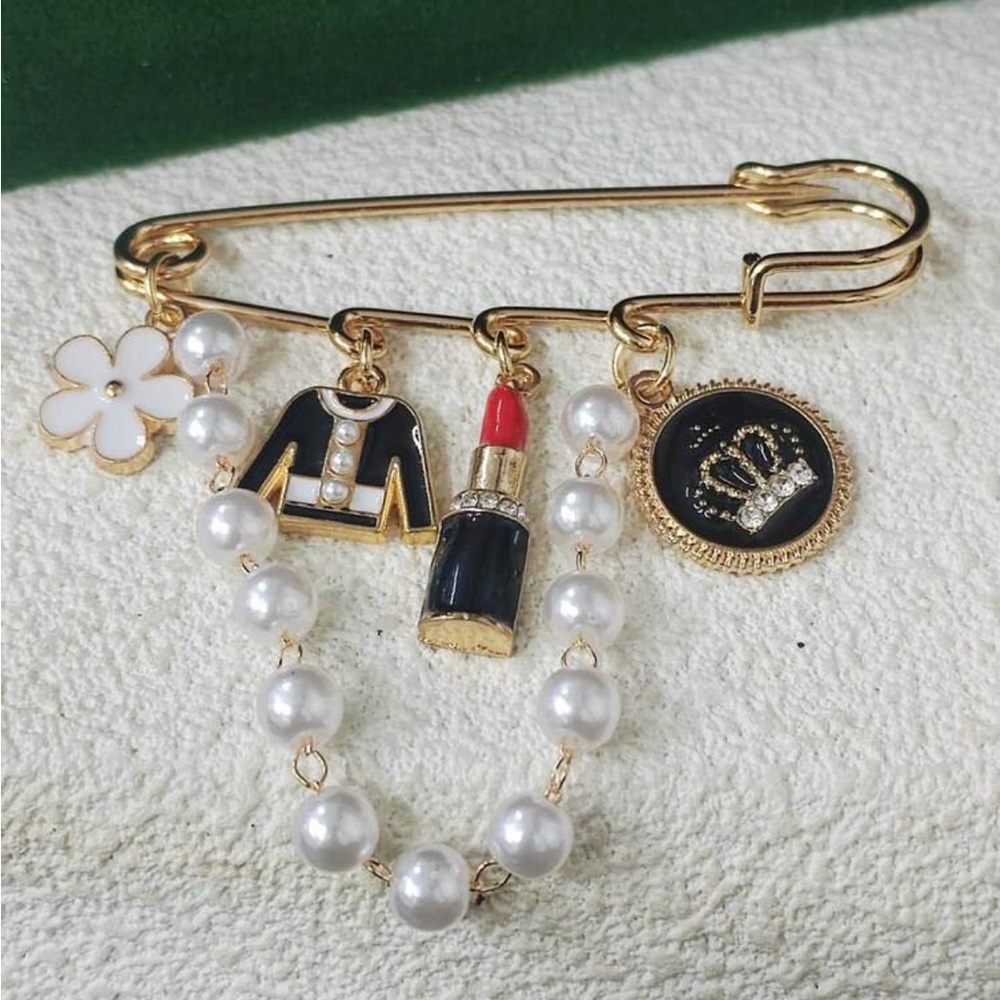 NWOT - Charming Gold and Pearl Brooch with Enamel Charms